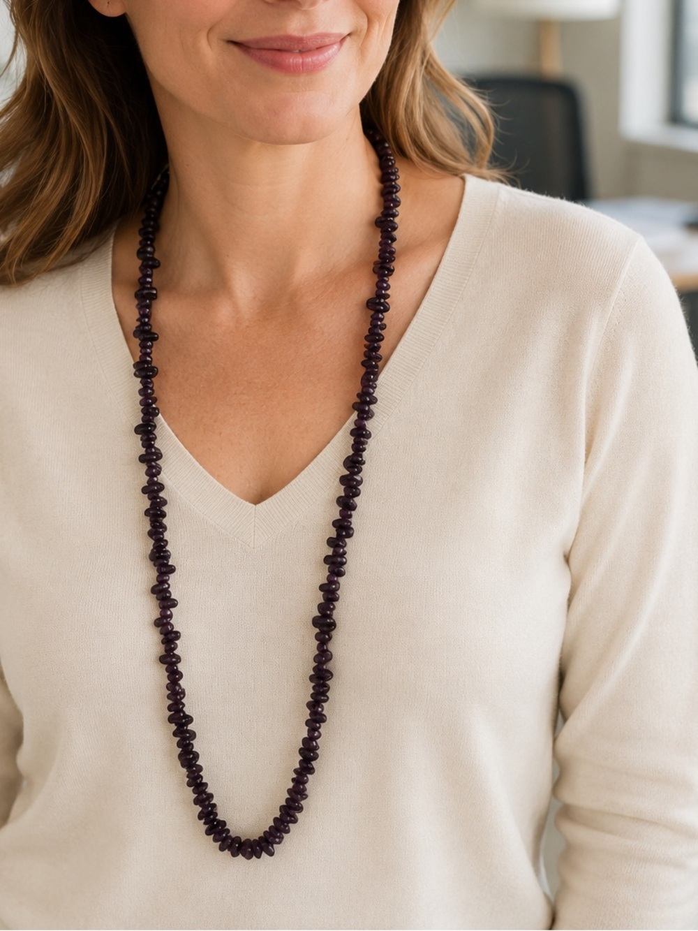 Vintage Amethyst Purple Color Chip Necklace Long Stone Beaded Strand 32"